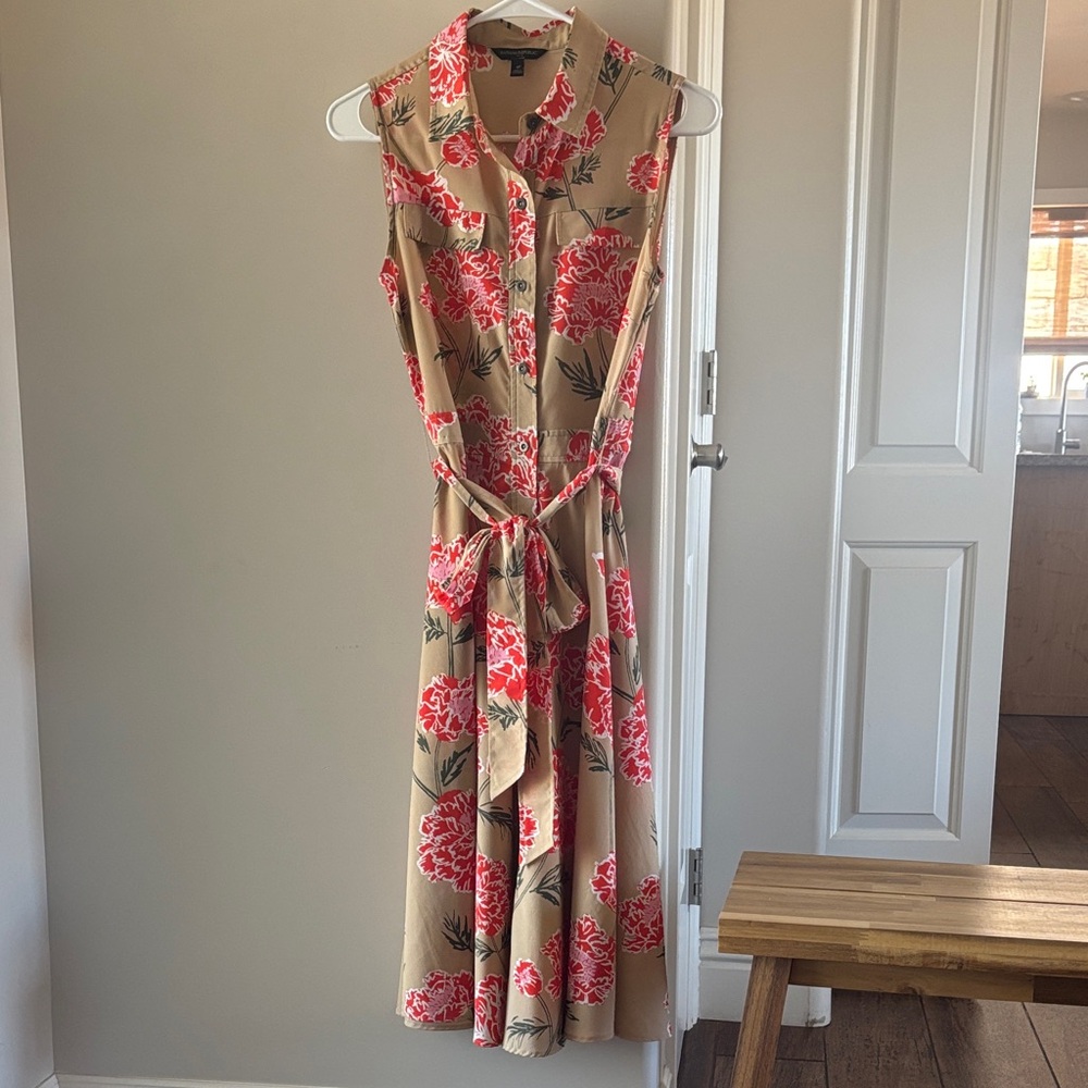 Banana Republic Beige and Red Floral Midi Dress